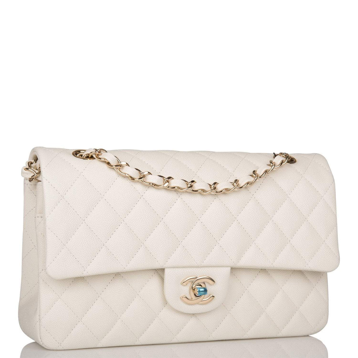 Chanel White Quilted Caviar Medium Classic Double Flap Bag Light Gold Hardware