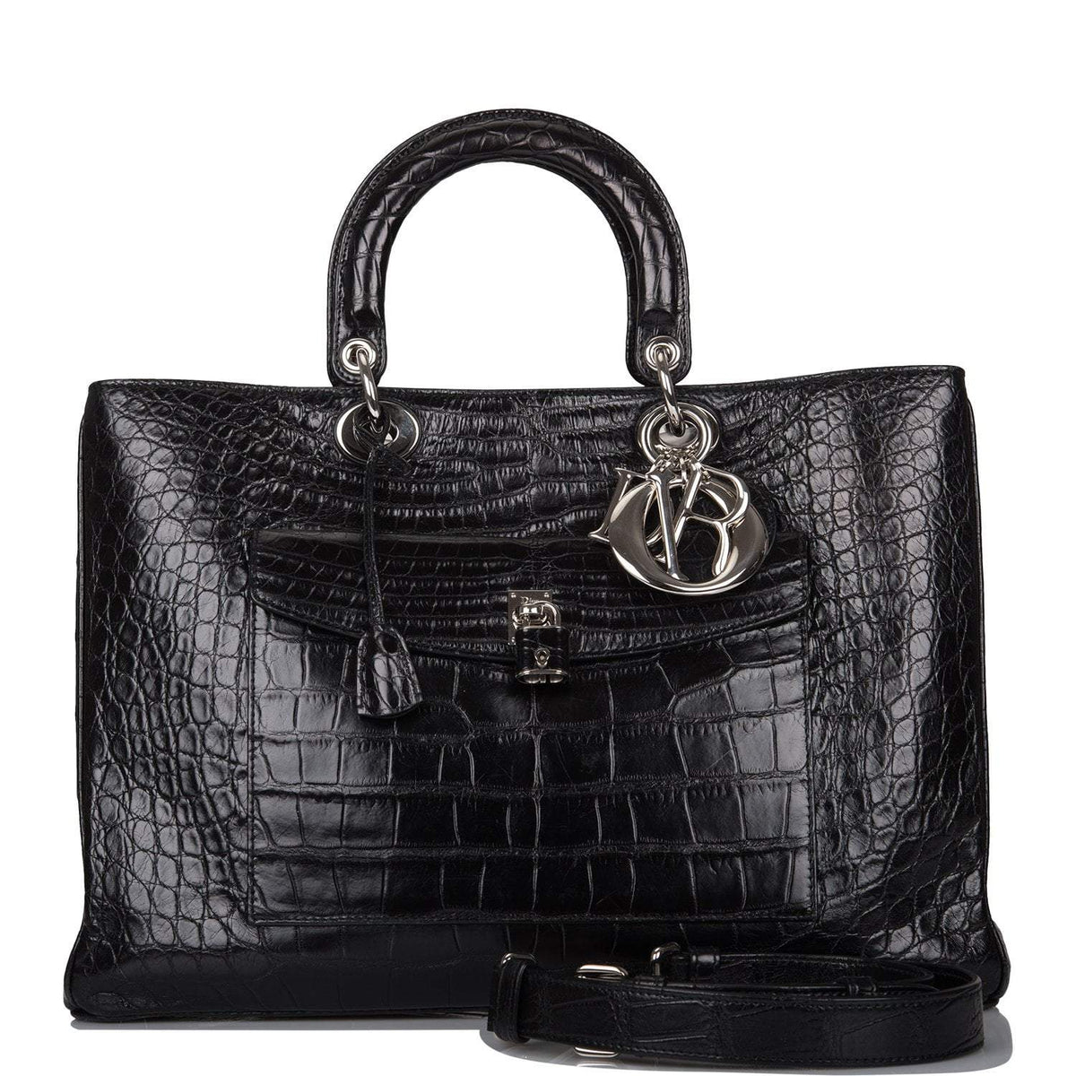 Christian Dior Black Diorissimo Pocket Matte Alligator Tote Silver Hardware