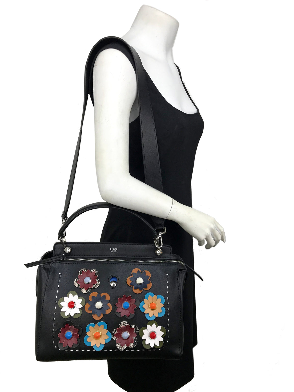 Fendi Dotcom Flower Medium Leather Satchel with Strap