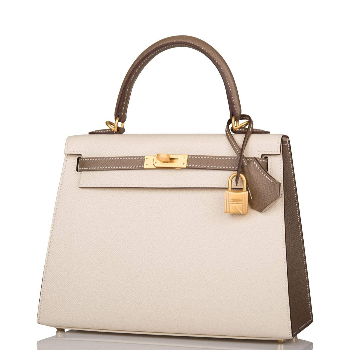 Hermes Kelly 25cm Bi-Color Craie and Etoupe Epsom Sellier Brushed Gold Hardware