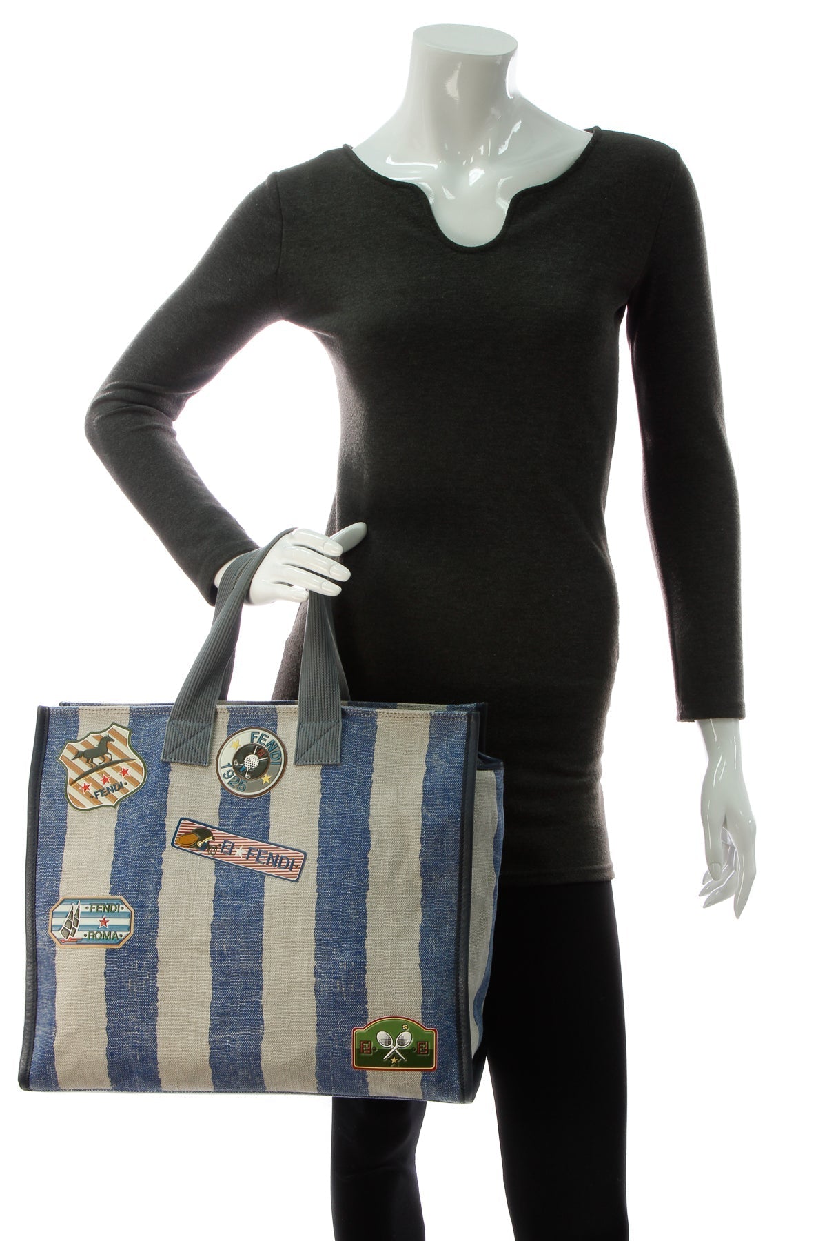 Sports Patches Striped Tote Bag - Blue/Beige