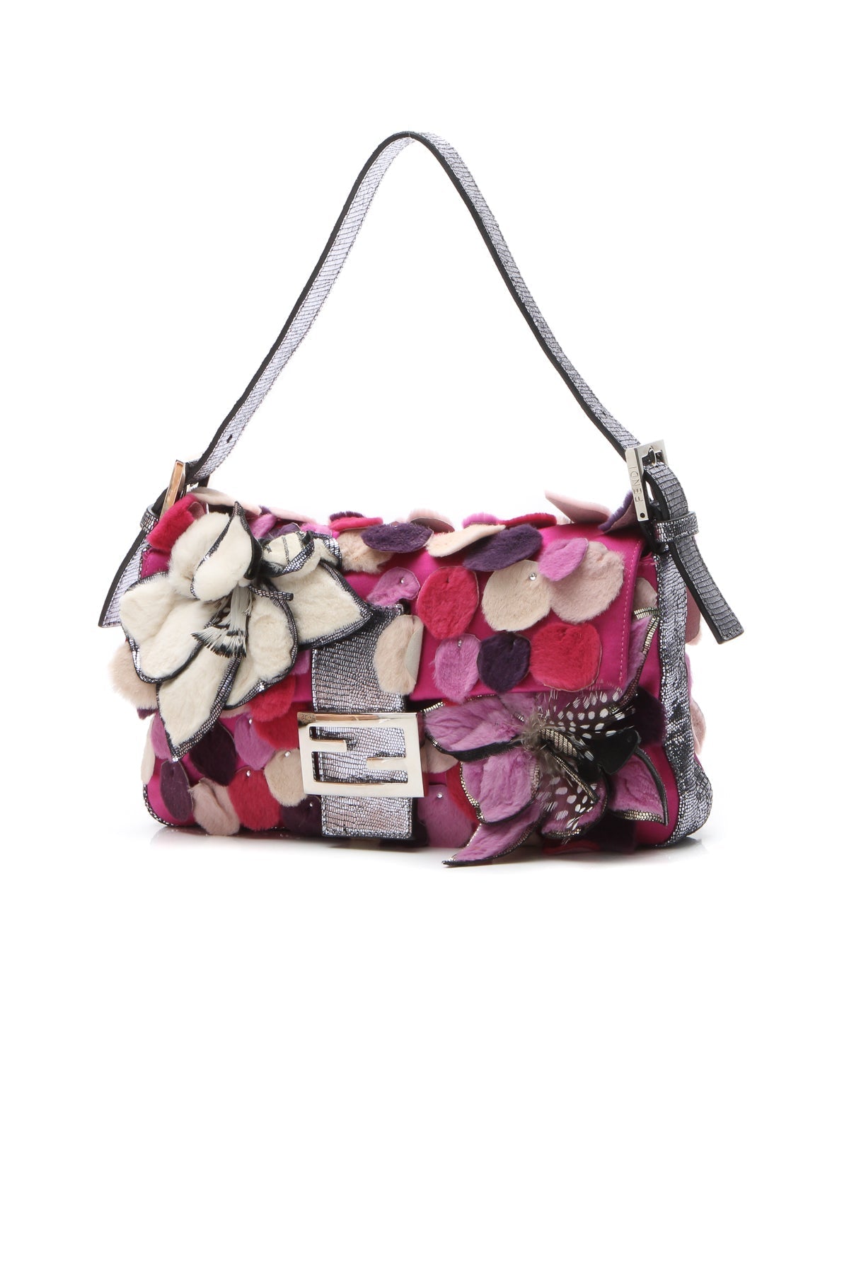 Fur Flowers & Petals Baguette Bag - Pink/Purple