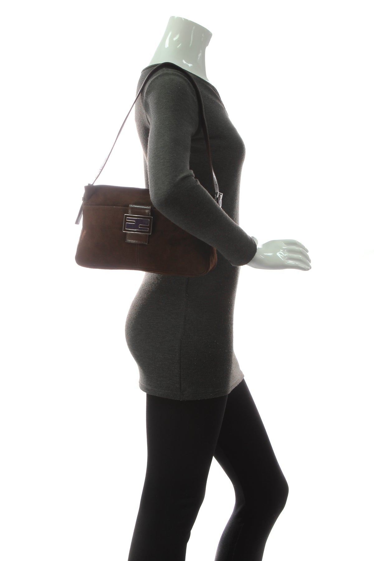 Zipper Baguette Bag - Brown Suede