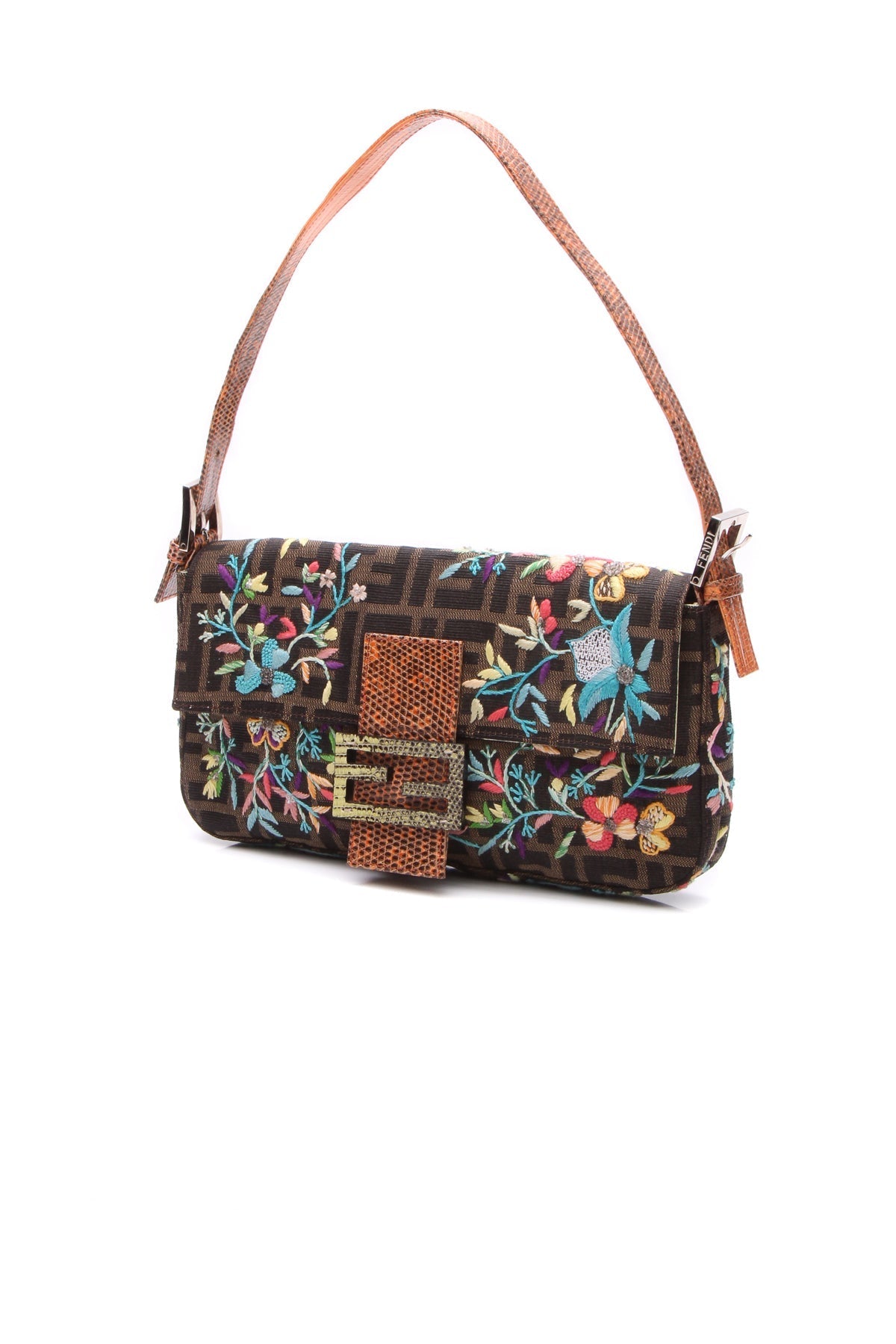Floral Embroidered Baguette Bag - Tobacco