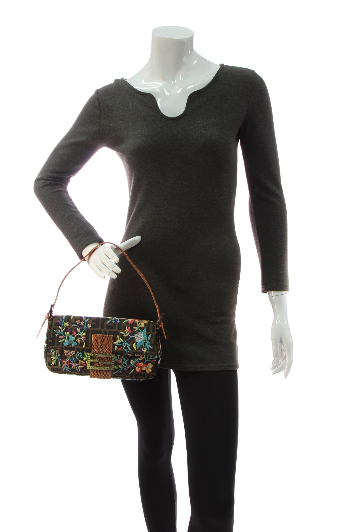 Floral Embroidered Baguette Bag - Tobacco