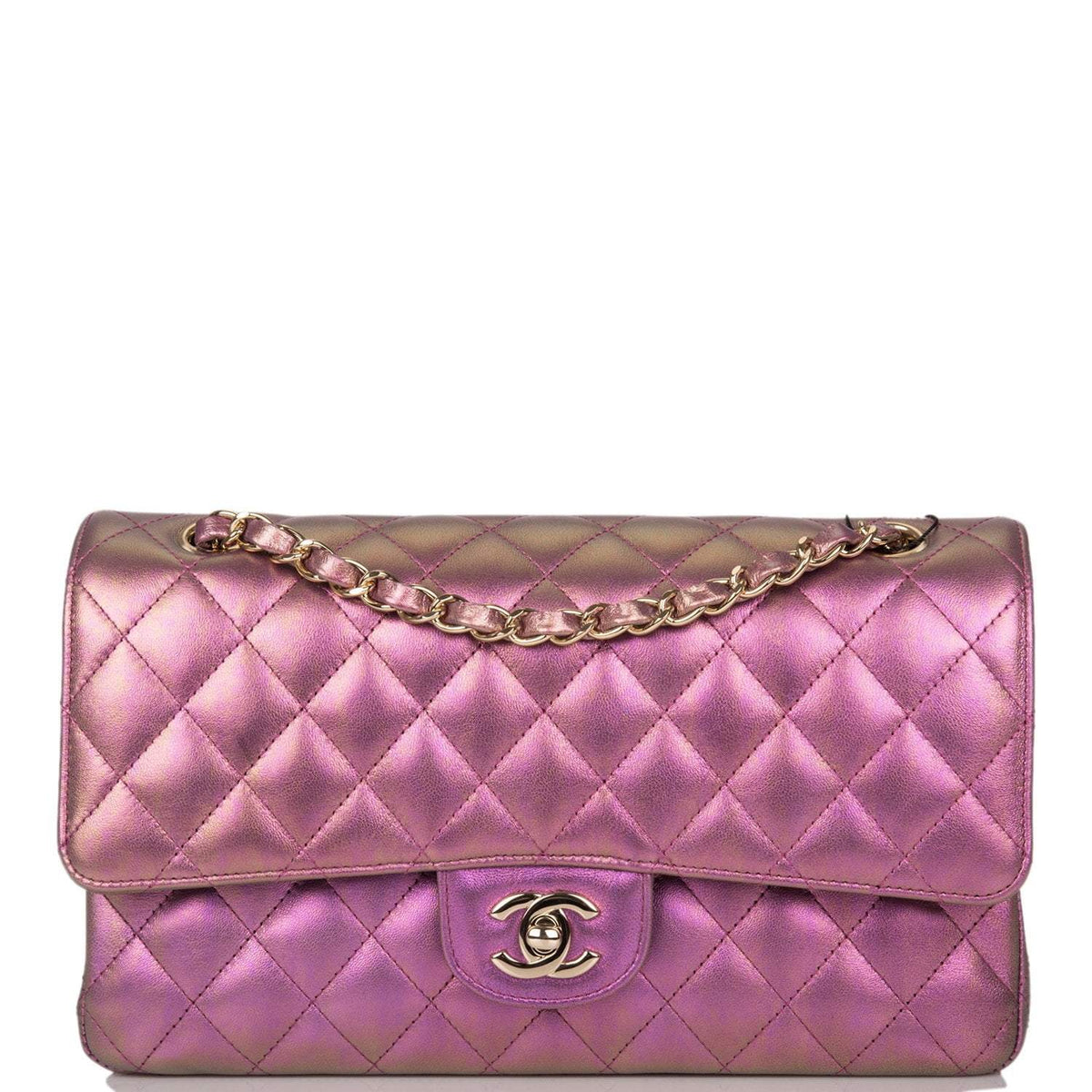 Chanel Medium Classic Double Flap Bag Purple Iridescent Lambskin Light Gold Hardware