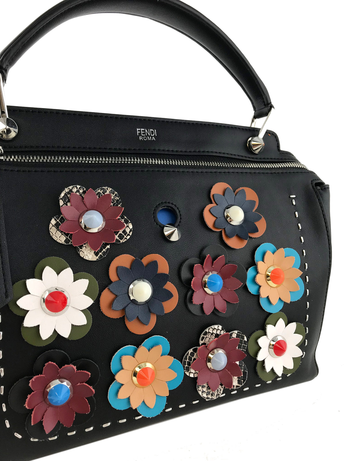 Fendi Dotcom Flower Medium Leather Satchel with Strap