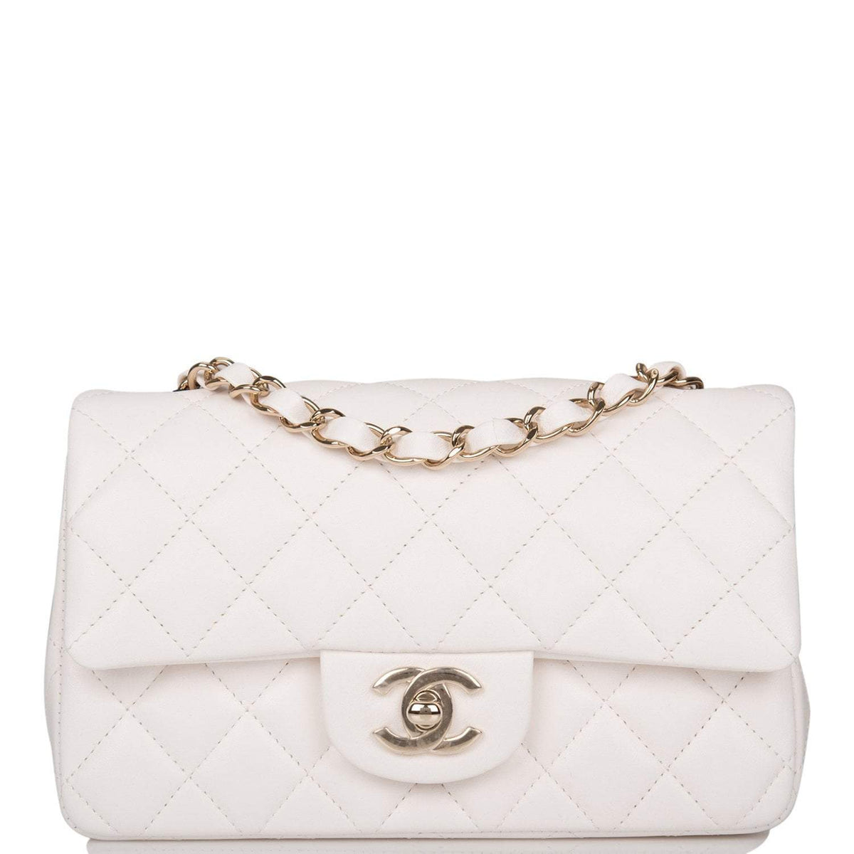 Chanel White Quilted Lambskin Rectangular Mini Classic Flap Bag Light Gold Hardware