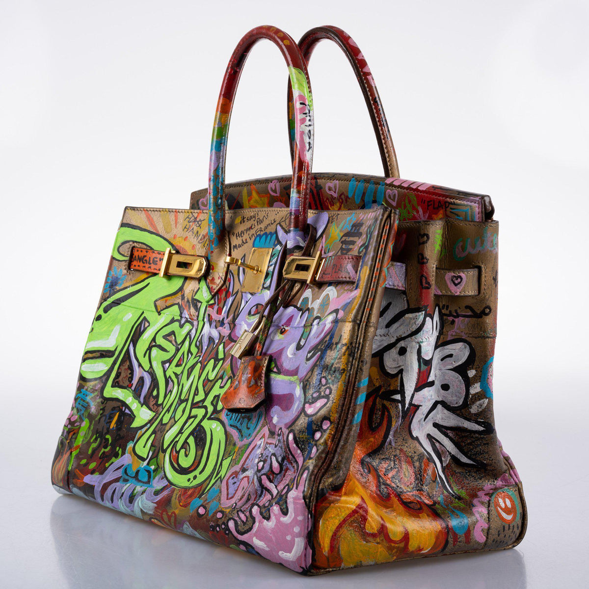 Vintage Hermes ‘Graffiti’ Birkin 35 Custom Painted Box Leather with Gold Hardware - 1998, B Square, Artwork 2021.
